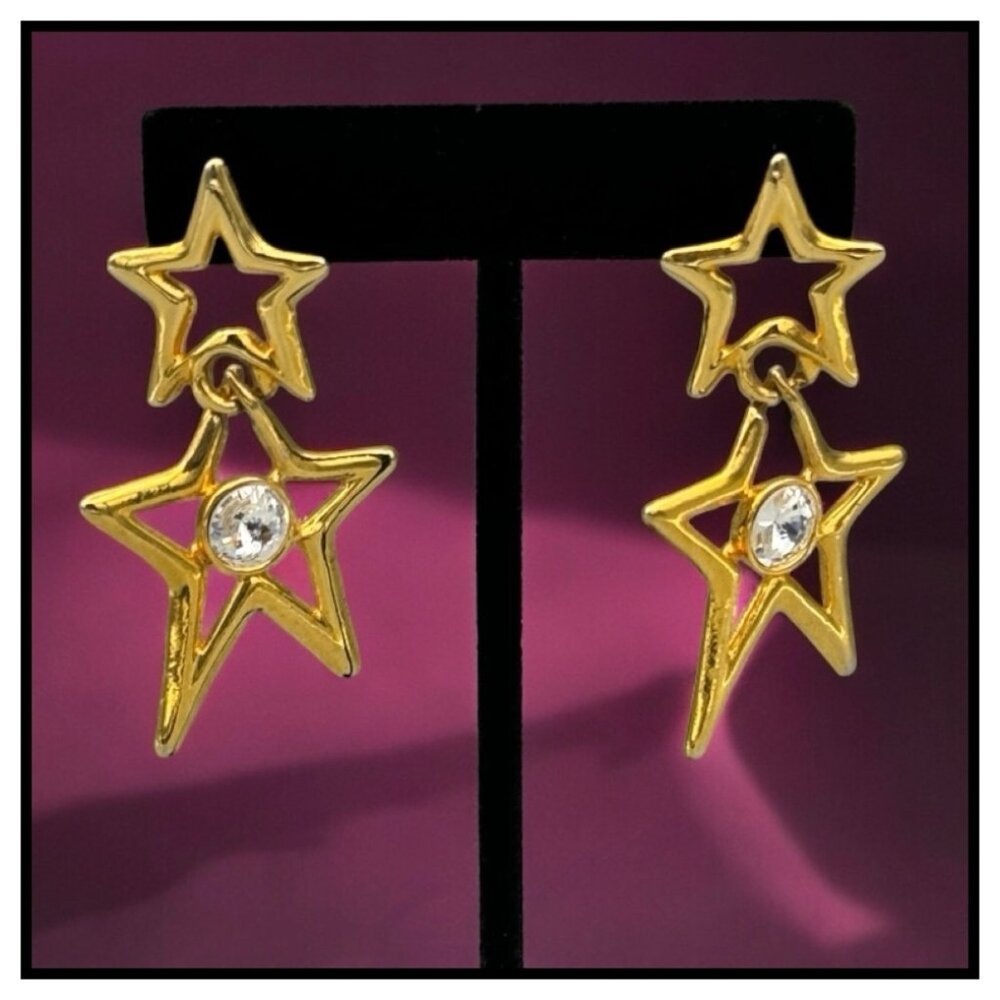 80s / 90s Glam Rockstar Gold Star & Rhinestone Vintage Dangle Costume Earrings